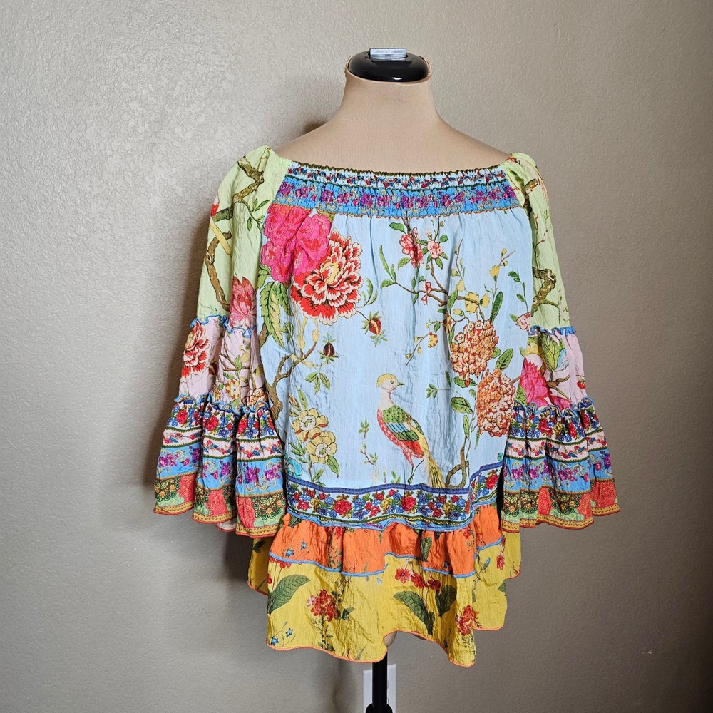 John Mark Floral Bird Print Off Shoulder Tiered Ruffle  Bell Sleeve Top Small